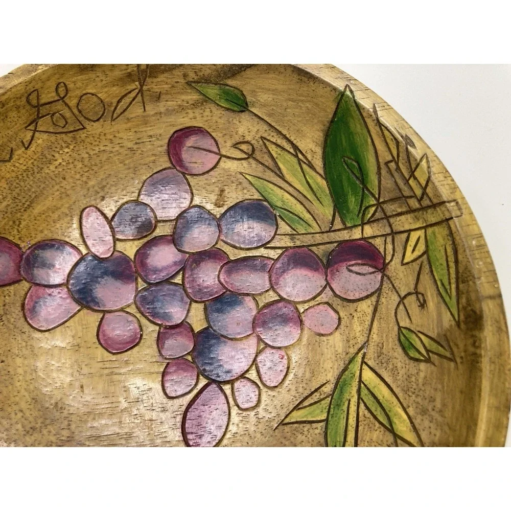Vtg Hand Painted Wooden Fruit/Salad Bowl‎ Bible Verse Christain Grapes 10.5